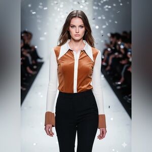 PORTSPURE Chic Brown and Cream Blouse with Elegant EUC